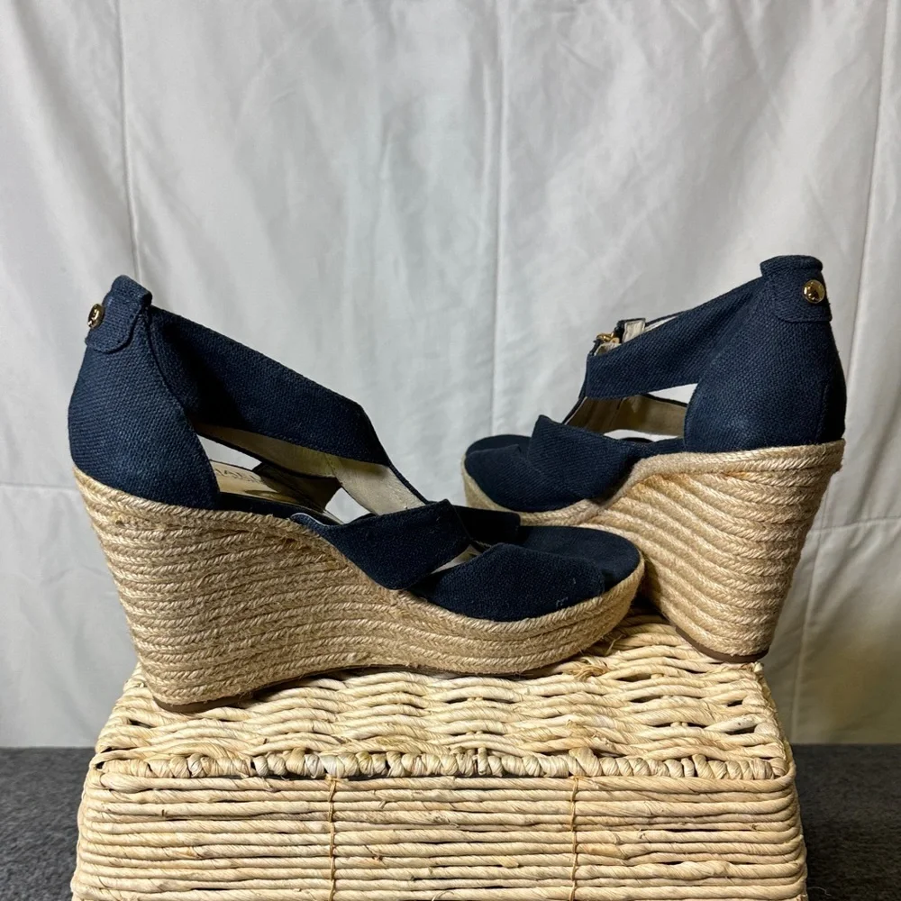 Michael Kors‎ Navy Canvas Espadrille Wedge Sandals Gold Zip Size 9.5